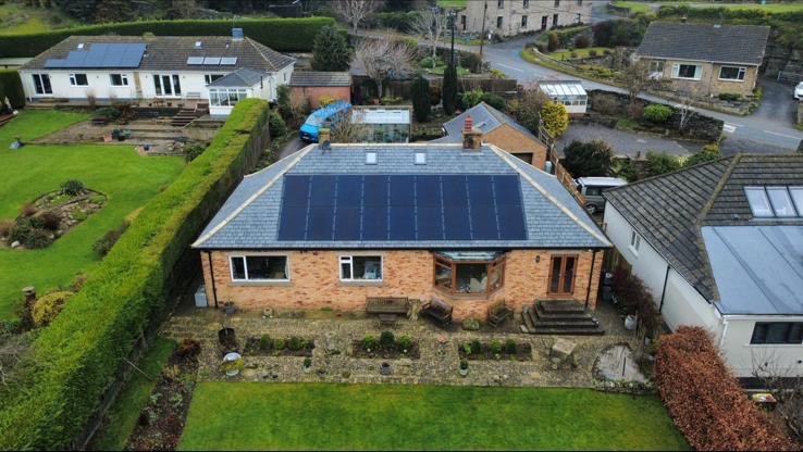 Front aerial view of the 7.74 kWp solar array on a bungalow in Leyburn