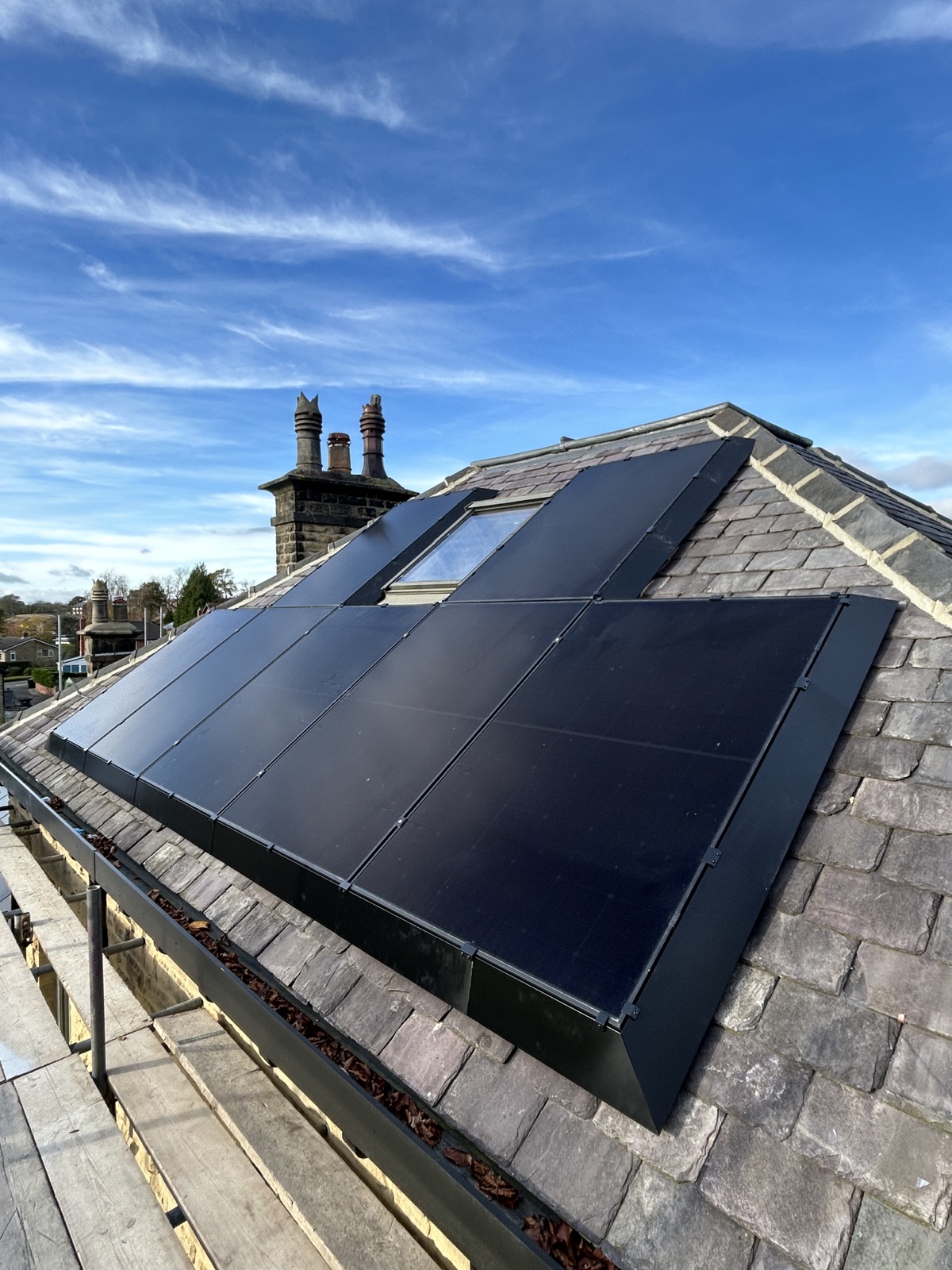 LONGi all-black solar panels with SolaSkirt bird protection on a slate roof